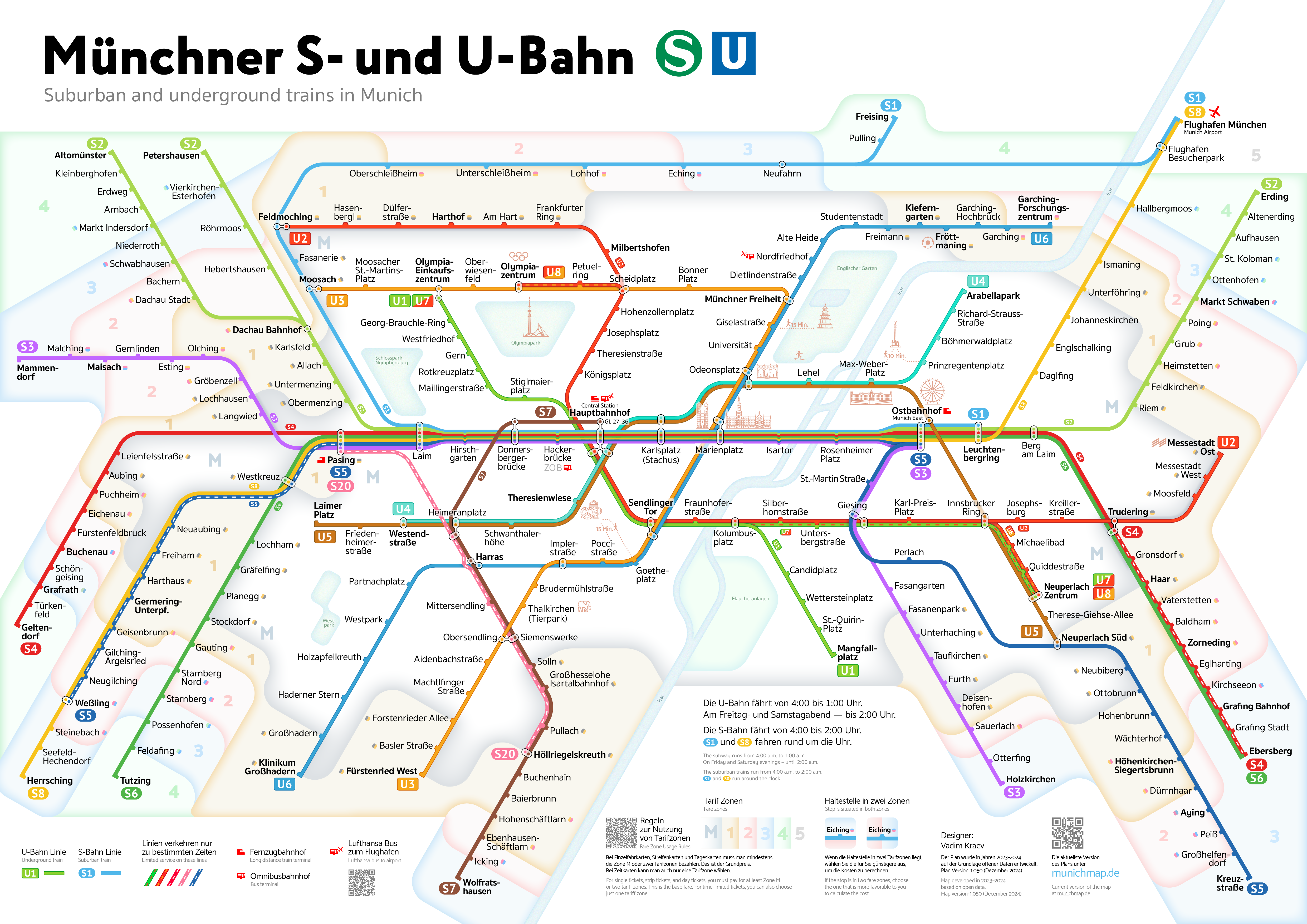 Neue schematische Karte der Münchner S-Bahn und U-Bahn mit Linien, Stationen und Tarifzonen.